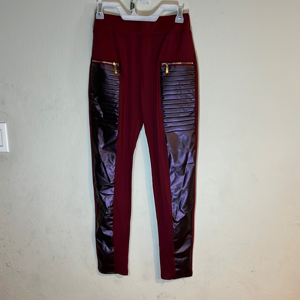 Burgundy leggings with gold zippers size medium